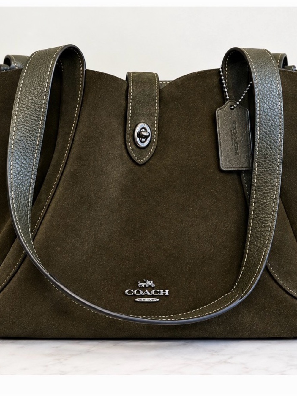 COACH Olive Green Suede Shoulder Bag with Leather Trim